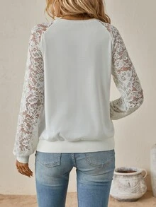 SHEIN Clasi 女款純色蕾絲拼接插肩袖運動衫，白色秋季休閒優雅日常約會早午餐穿搭 - 白色 - 查看 2