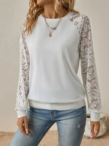 SHEIN Clasi 女款純色蕾絲拼接插肩袖運動衫，白色秋季休閒優雅日常約會早午餐穿搭 - 白色 - 查看 4