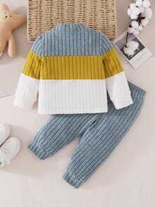 SHEIN Playful Pals Long Sleeve Baby Boy Colorblock Patchwork Top And Pants Set Beach Holiday Light Grey Autumn Casual Classy, School - Multicolor - View 2