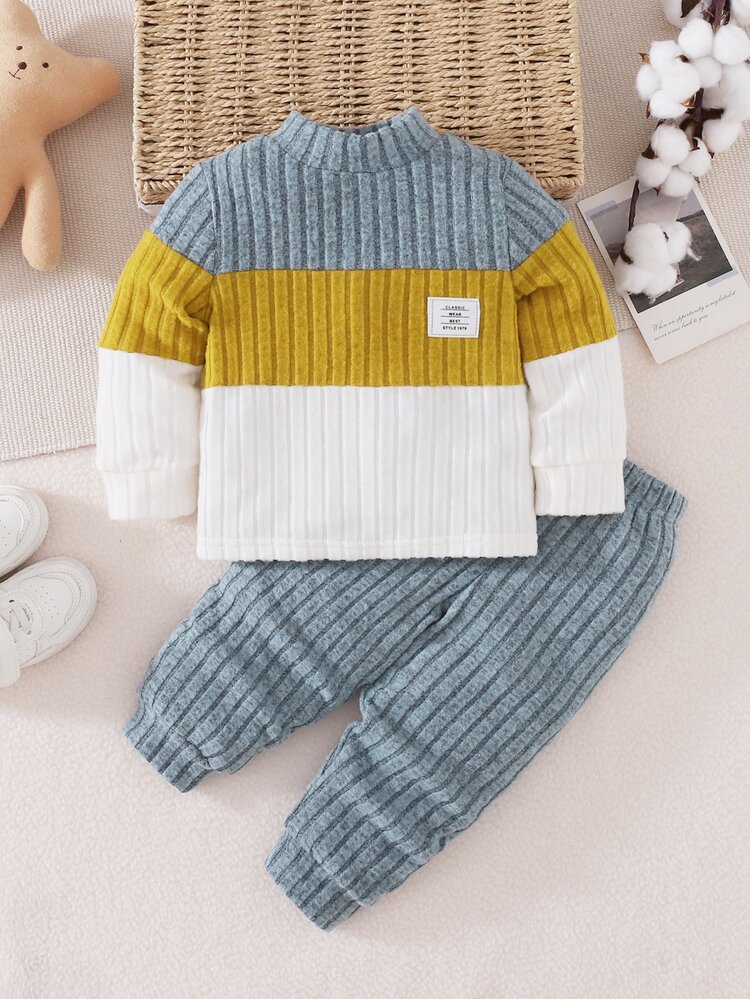 SHEIN Playful Pals Long Sleeve Baby Boy Colorblock Patchwork Top And Pants Set Beach Holiday Light Grey Autumn Casual Classy, School - Multicolor - View 12
