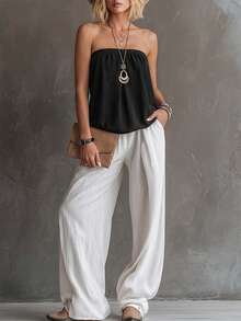 EMERY ROSE Women's Solid Color Strapless Top For Daily Wear, Spring/Summer - Black - View 3