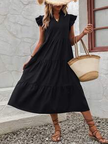 EMERY ROSE Vestido maxi con escote entallado, volantes y smock para vacaciones y playa para mujeres - Negro - Ver 5