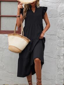 EMERY ROSE Vestido maxi con escote entallado, volantes y smock para vacaciones y playa para mujeres - Negro - Ver 4