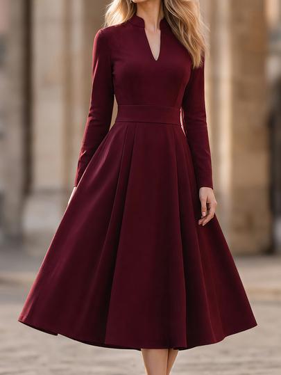 Editum Dresses Elegant, Hepburn-Style Small V-Neck, Voluminous Flared Skirt, Ruched Frenchy Autumn/ Wedding Office