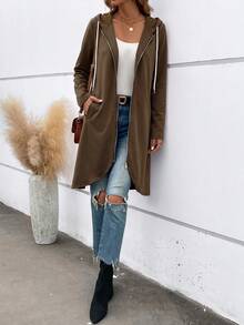 SHEIN LUNE Women's Solid Color Zipper Hooded Long Casual Jacket Suitable For Spring Autumn Drawstring Pockets Regular Fit Minimalist Travel Coffee Brown - Brown - View 3