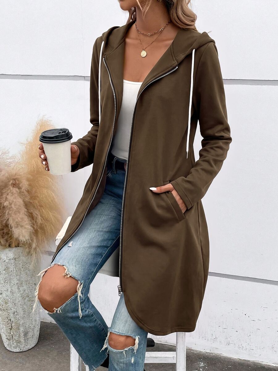 SHEIN LUNE Women's Solid Color Zipper Hooded Long Casual Jacket Suitable For Spring Autumn Drawstring Pockets Regular Fit Minimalist Travel Coffee Brown - Brown - View 1