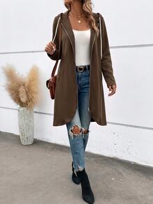 SHEIN LUNE Women's Solid Color Zipper Hooded Long Casual Jacket Suitable For Spring Autumn Drawstring Pockets Regular Fit Minimalist Travel Coffee Brown - Brown - View 4