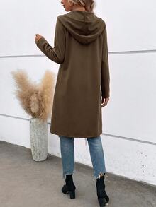 SHEIN LUNE Women's Solid Color Zipper Hooded Long Casual Jacket Suitable For Spring Autumn Drawstring Pockets Regular Fit Minimalist Travel Coffee Brown - Brown - View 2