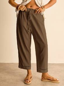 Freevana Plus Size Solid Color Casual Soft Form Boho Pants Vacation Chocolate Brown Summer Beach Formal - Brown - View 5