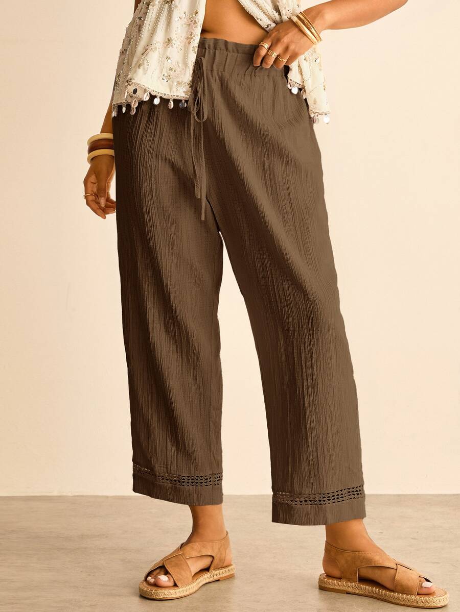 Freevana Plus Size Solid Color Casual Soft Form Boho Pants Vacation Chocolate Brown Summer Beach Formal - Brown - View 1