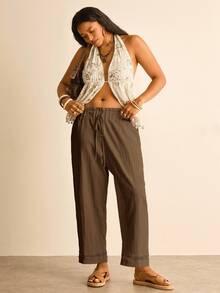 Freevana Plus Size Solid Color Casual Soft Form Boho Pants Vacation Chocolate Brown Summer Beach Formal - Brown - View 4