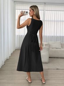 Easowa Summer Casual French Elegant Solid Color Front Button Dress Brunch Date Black - Black - View 2