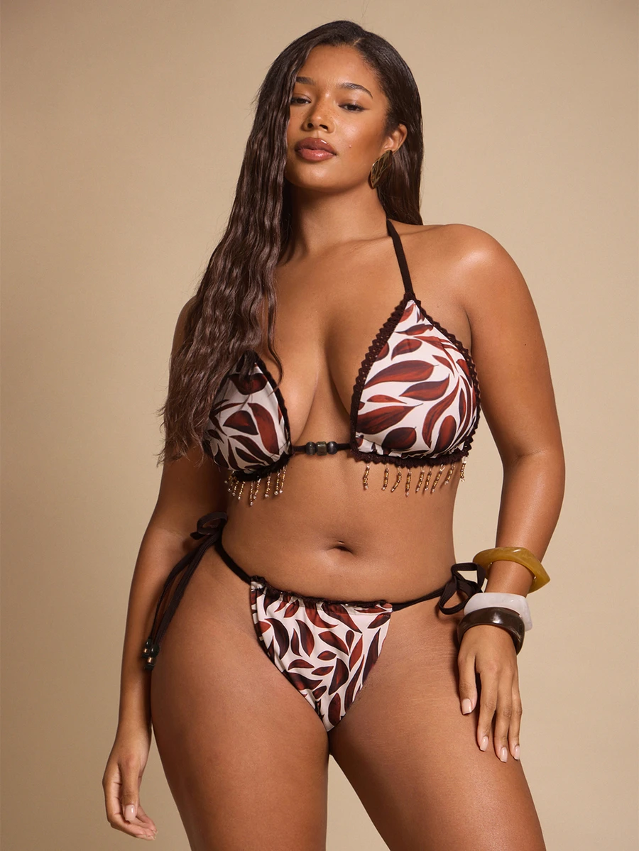 SHEIN BAE Sommer Strand Urlaub Stil Blumen Muster Retro Bikini Quasten Anhänger Sexy Bikini Set in Große Größen - Verschiedenfarbig - Übersicht 1