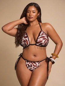 SHEIN BAE Sommer Strand Urlaub Stil Blumen Muster Retro Bikini Quasten Anhänger Sexy Bikini Set in Große Größen - Verschiedenfarbig - Übersicht 4