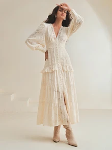 Anewsta V-Neck Puff Sleeve Cinched Waist Elegant Dress Maxi Women Outfit - Apricot - View 8