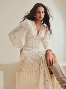 Anewsta V-Neck Puff Sleeve Cinched Waist Elegant Dress Maxi Women Outfit - Apricot - View 2