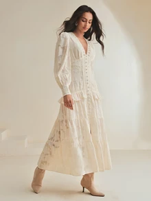 Anewsta V-Neck Puff Sleeve Cinched Waist Elegant Dress Maxi Women Outfit - Apricot - View 6