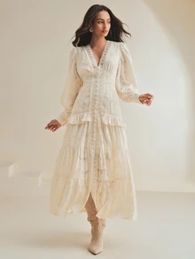 Anewsta V-Neck Puff Sleeve Cinched Waist Elegant Dress Maxi Women Outfit - Apricot - View 5