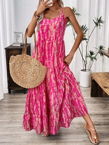 EMERY ROSE Holiday Casual Random Printed Strappy Dress Maxi Women Outfit - Hot Pink - View 4
