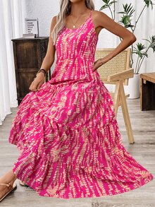 EMERY ROSE Holiday Casual Random Printed Strappy Dress Maxi Women Outfit - Hot Pink - View 6