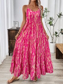 EMERY ROSE Holiday Casual Random Printed Strappy Dress Maxi Women Outfit - Hot Pink - View 7