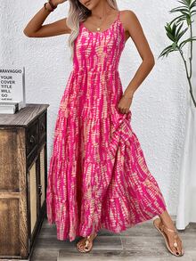 EMERY ROSE Holiday Casual Random Printed Strappy Dress Maxi Women Outfit - Hot Pink - View 8