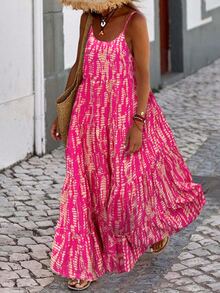 EMERY ROSE Holiday Casual Random Printed Strappy Dress Maxi Women Outfit - Hot Pink - View 3