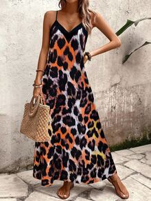 EMERY ROSE Women Leopard Print Sleeveless Dress, Casual Boho Holiday Dress Maxi Beach Holiday Outfit Black And Orange Summer - Multicolor - View 4