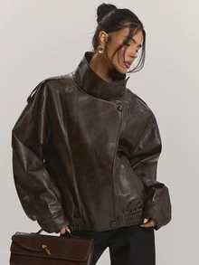 SHEIN BAE 女款純色PU皮革立領休閒百搭日常旅行長袖夾克 - 咖啡棕 - 查看 4