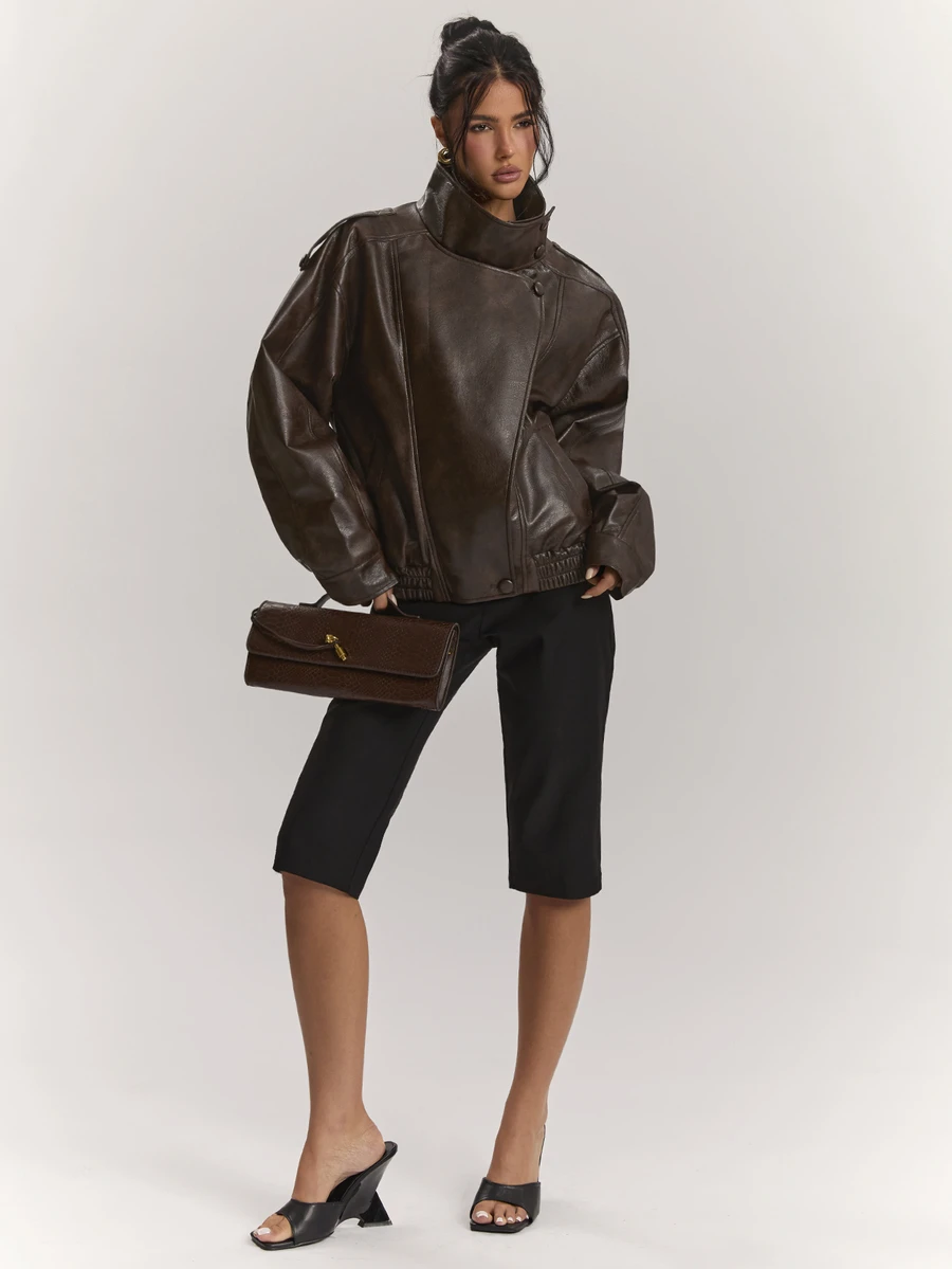 SHEIN BAE Women's Solid Color PU Leather Stand Collar Casual Versatile Daily Travel Long Sleeve Jacket - Coffee Brown - View 1