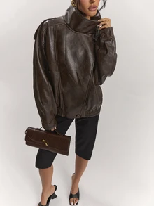 SHEIN BAE 女款純色PU皮革立領休閒百搭日常旅行長袖夾克 - 咖啡棕 - 查看 5