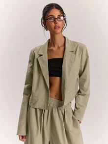 SHEIN BAE Women's Solid Color Lapel Neck Long Sleeve Single-Breasted Casual Blazer - Khaki - View 3