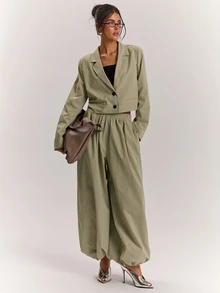 SHEIN BAE Women's Solid Color Lapel Neck Long Sleeve Single-Breasted Casual Blazer - Khaki - View 4