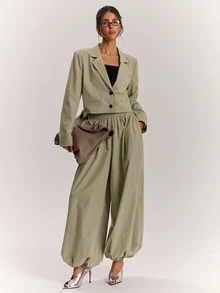SHEIN BAE Women's Solid Color Lapel Neck Long Sleeve Single-Breasted Casual Blazer - Khaki - View 1