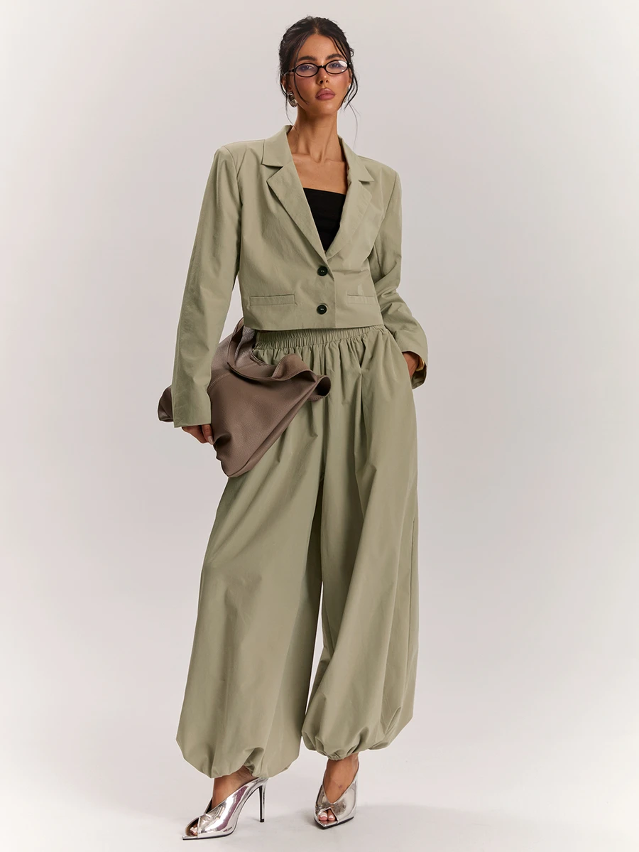 SHEIN BAE Women's Solid Color Lapel Neck Long Sleeve Single-Breasted Casual Blazer - Khaki - View 1