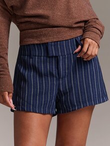 SHEIN BAE Autumn/Winter Casual Commute Striped Low Waist Shorts For Office And Daily Wear - Navy Blue - View 6
