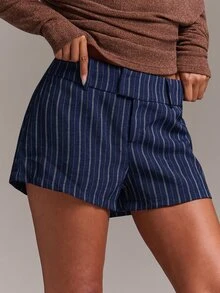 SHEIN BAE Autumn/Winter Casual Commute Striped Low Waist Shorts For Office And Daily Wear - Navy Blue - View 7