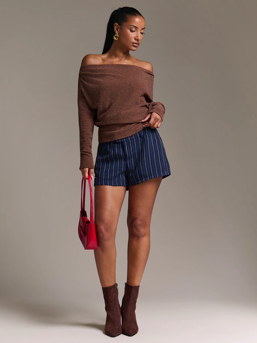 SHEIN BAE Autumn/Winter Casual Commute Striped Low Waist Shorts For Office And Daily Wear - Navy Blue - View 1