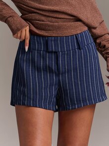 SHEIN BAE Autumn/Winter Casual Commute Striped Low Waist Shorts For Office And Daily Wear - Navy Blue - View 3