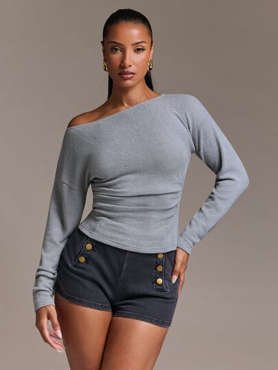 SHEIN BAE Women's Solid Color Asymmetric Shoulder Pleated Fitted Versatile Daily Casual Top