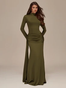 SHEIN BAE 秋冬款純色橄欖綠長袖小高領前綁帶修身針織洋裝 - 軍綠色 - 查看 6