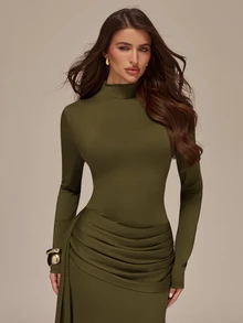 SHEIN BAE 秋冬款純色橄欖綠長袖小高領前綁帶修身針織洋裝 - 軍綠色 - 查看 7