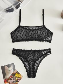Lowkey Lull Polka Dot Mesh Frill Trim Sexy Bra & Panty Lingerie Set - Black - View 1