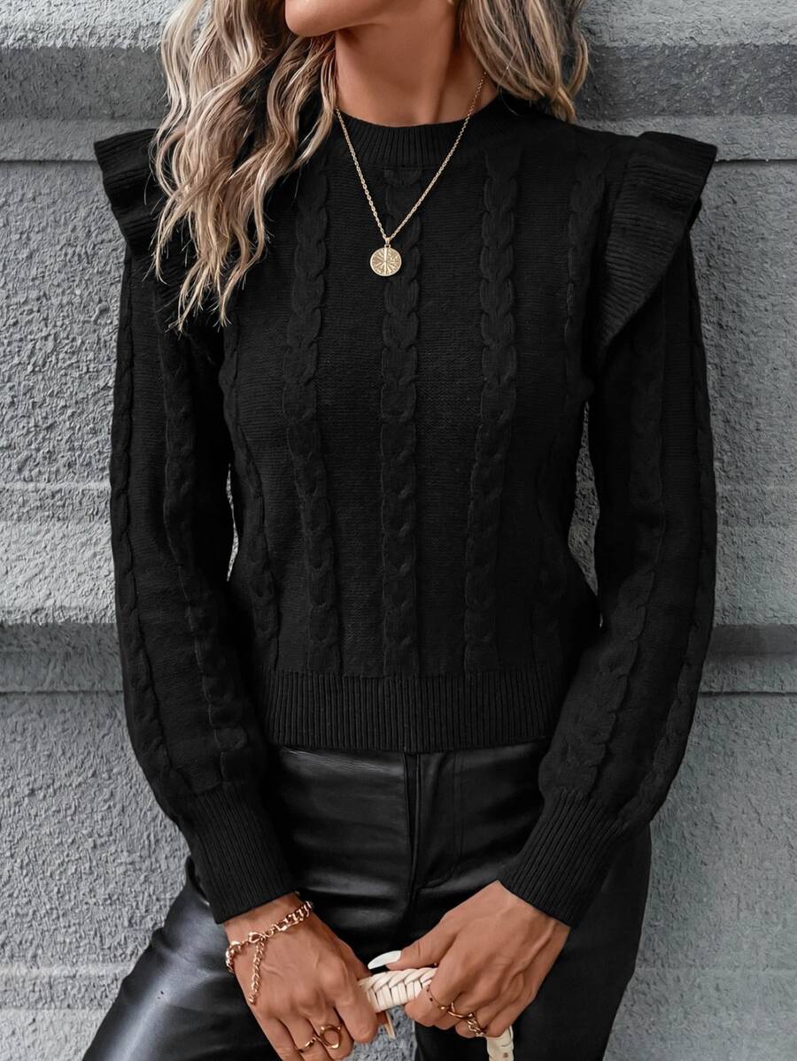 SHEIN Clasi Solid Color Fitted Sweater With Ruffled Hemline,Long Sleeve Tops In Fall/ Brunch Black Elegant Casual Date Everyday