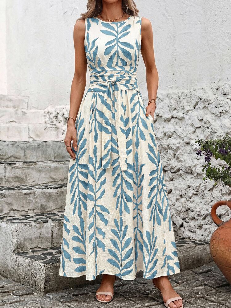 SHEIN Clasi Sleeveless Crew Neck Twist Front Allover Print Dress - Baby Blue - View 5