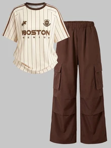 SHEIN Teen Girls 2pcs/Set Short Sleeve Round Neck Loose Fit Streetwear Baggy Drop Shoulder T-Shirt And Cargo Pants Sixth Form Formal Brown Summer - Brown - View 4