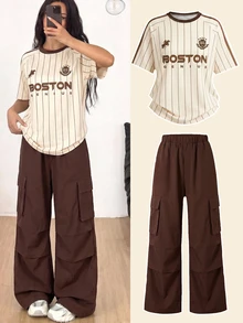 SHEIN Teen Girls 2pcs/Set Short Sleeve Round Neck Loose Fit Streetwear Baggy Drop Shoulder T-Shirt And Cargo Pants Sixth Form Formal Brown Summer - Brown - View 5