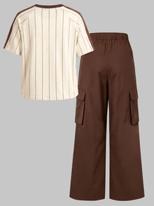 SHEIN Teen Girls 2pcs/Set Short Sleeve Round Neck Loose Fit Streetwear Baggy Drop Shoulder T-Shirt And Cargo Pants Sixth Form Formal Brown Summer - Brown - View 2