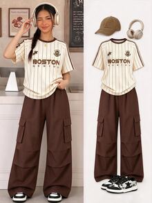 SHEIN Teen Girls 2pcs/Set Short Sleeve Round Neck Loose Fit Streetwear Baggy Drop Shoulder T-Shirt And Cargo Pants Sixth Form Formal Brown Summer - Brown - View 1