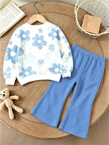 Spring/Autumn New White Ice Princess Cartoon Print Set For Young Girls, Sweet Baby Western Floral Round Neck Long Sleeve Sweatshirt Flare Pants Outfit - Multicolor - View 2